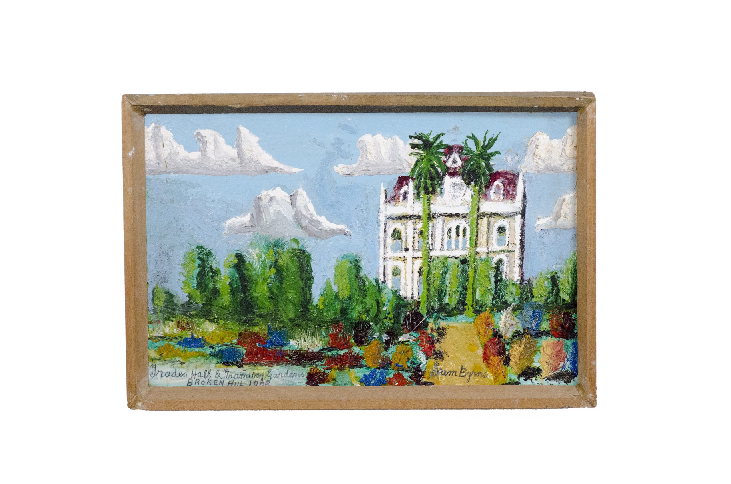 impressionistic, cartoonish painting of a building amidst colourful trees, under a blue cloudy sky