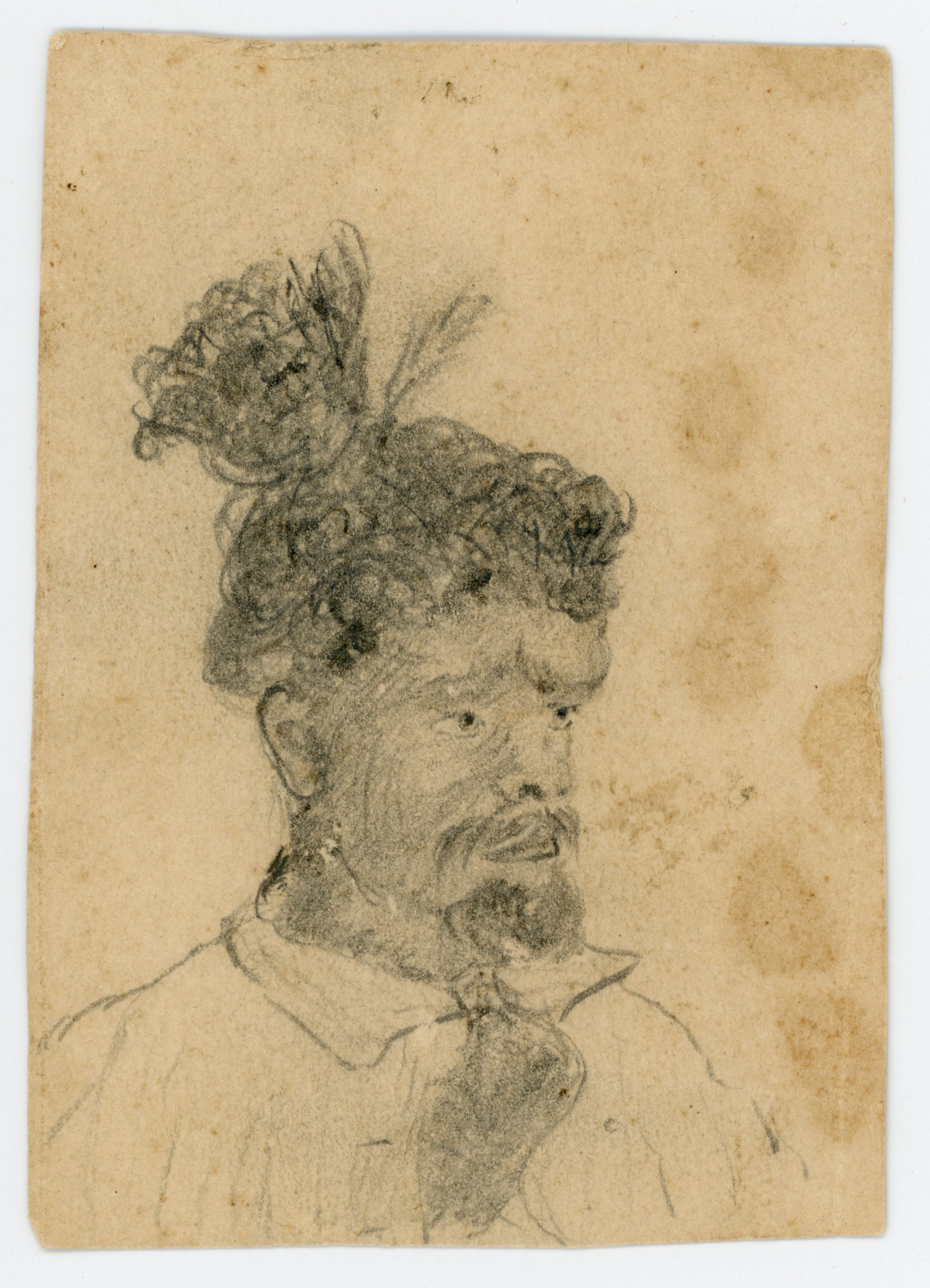 pencil sketch on aged paper of a dark-skinned man with facial hair and curly hair gathered in a top knot