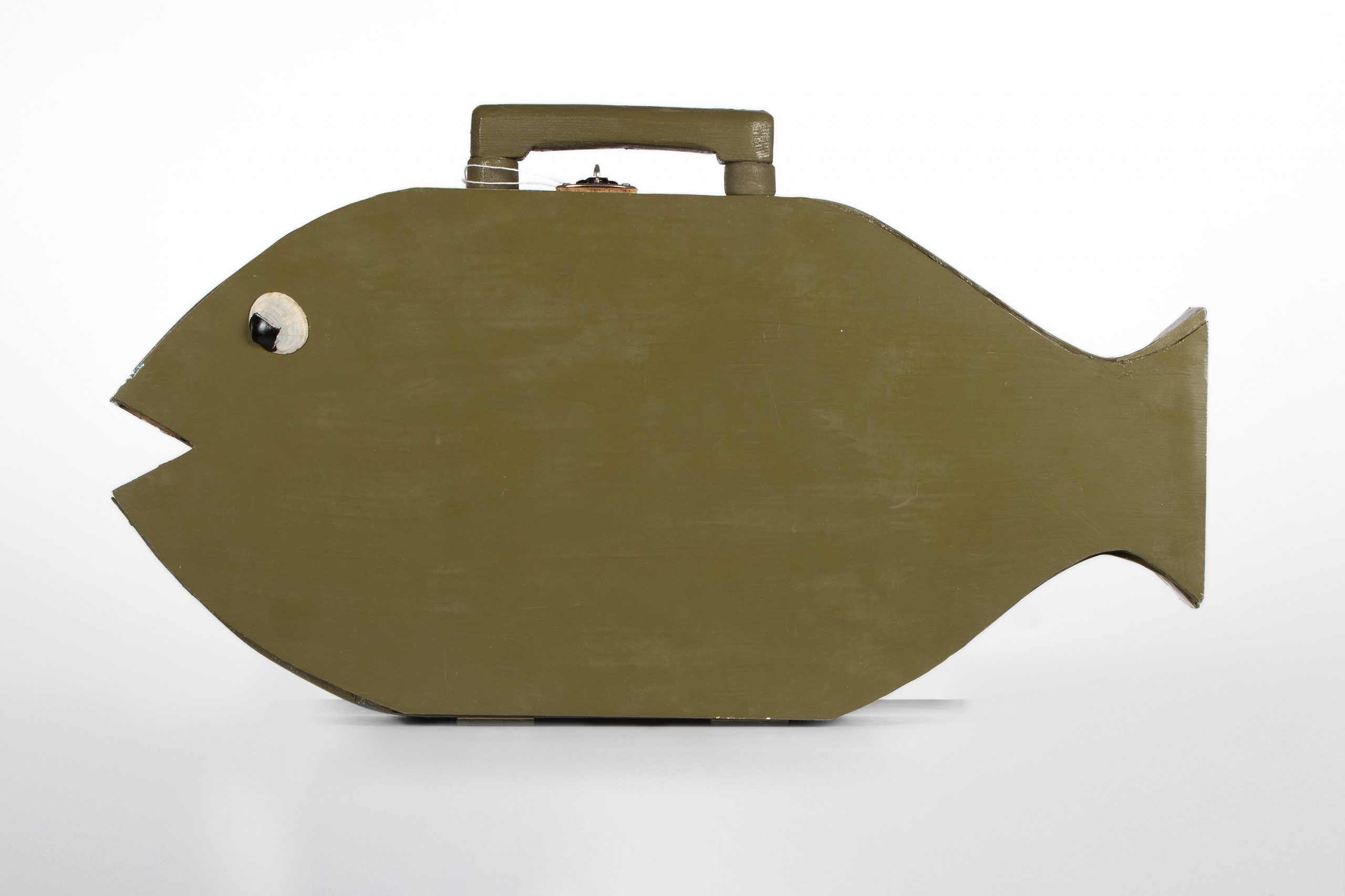 olive-green carrying case in the shape of a simple fish with a googly eye