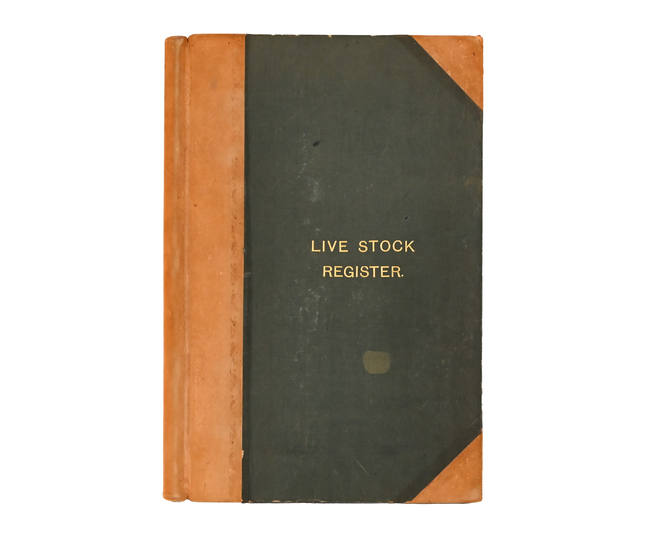 front hardcover of a live stock register, it is orange and blue in colour