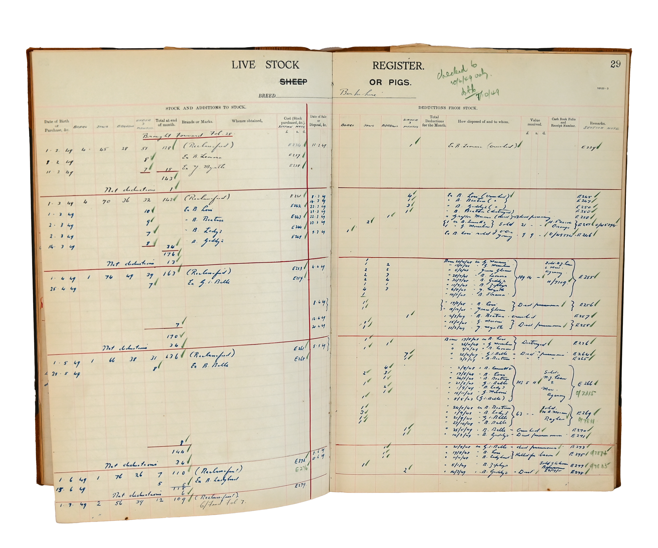 pages of a livestock register with handwritten notes