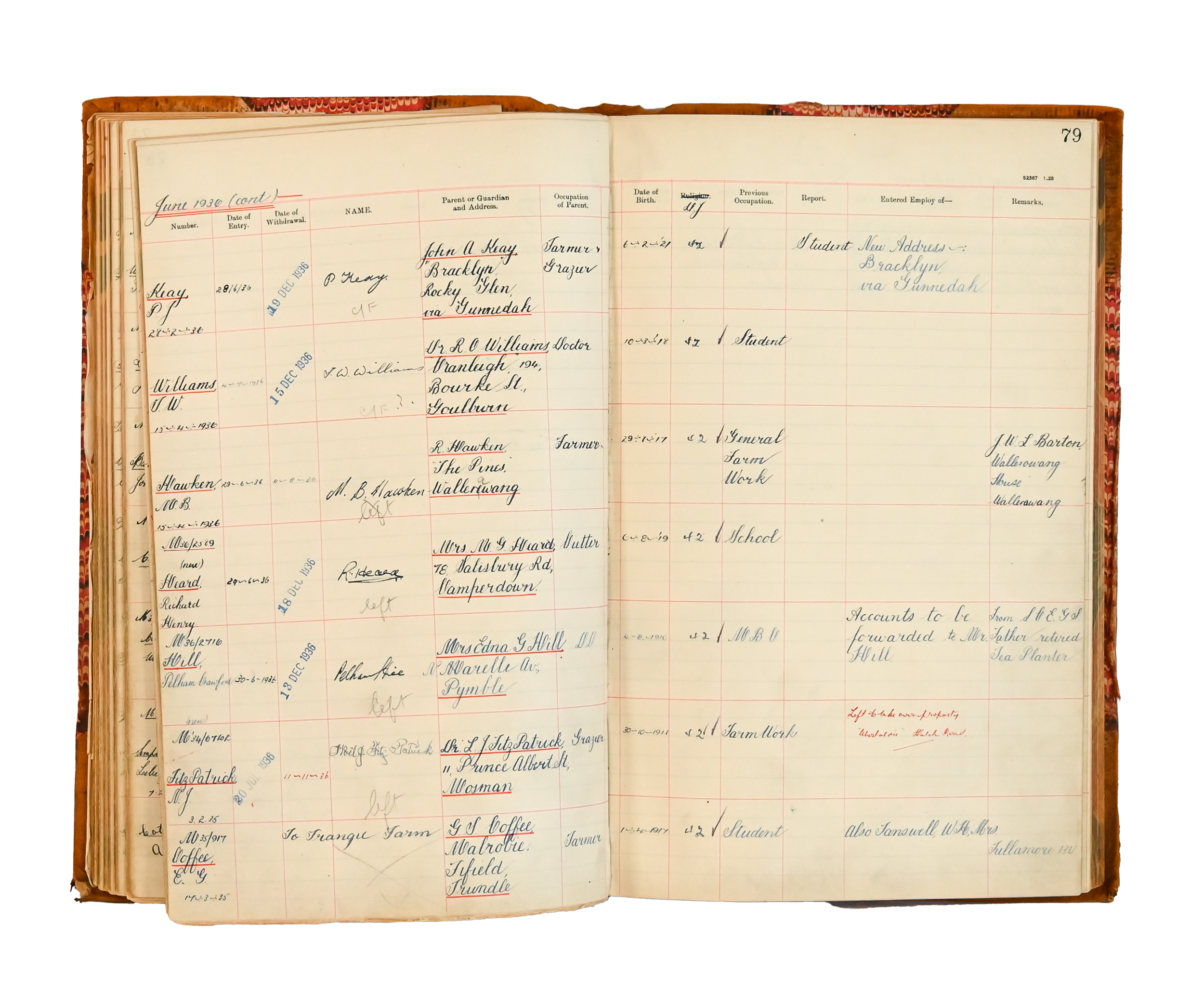 pages of a student register with handwritten entries